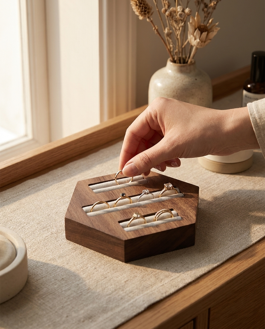 Walnut hexagon ring holder with three velvet slots; hand places a ring