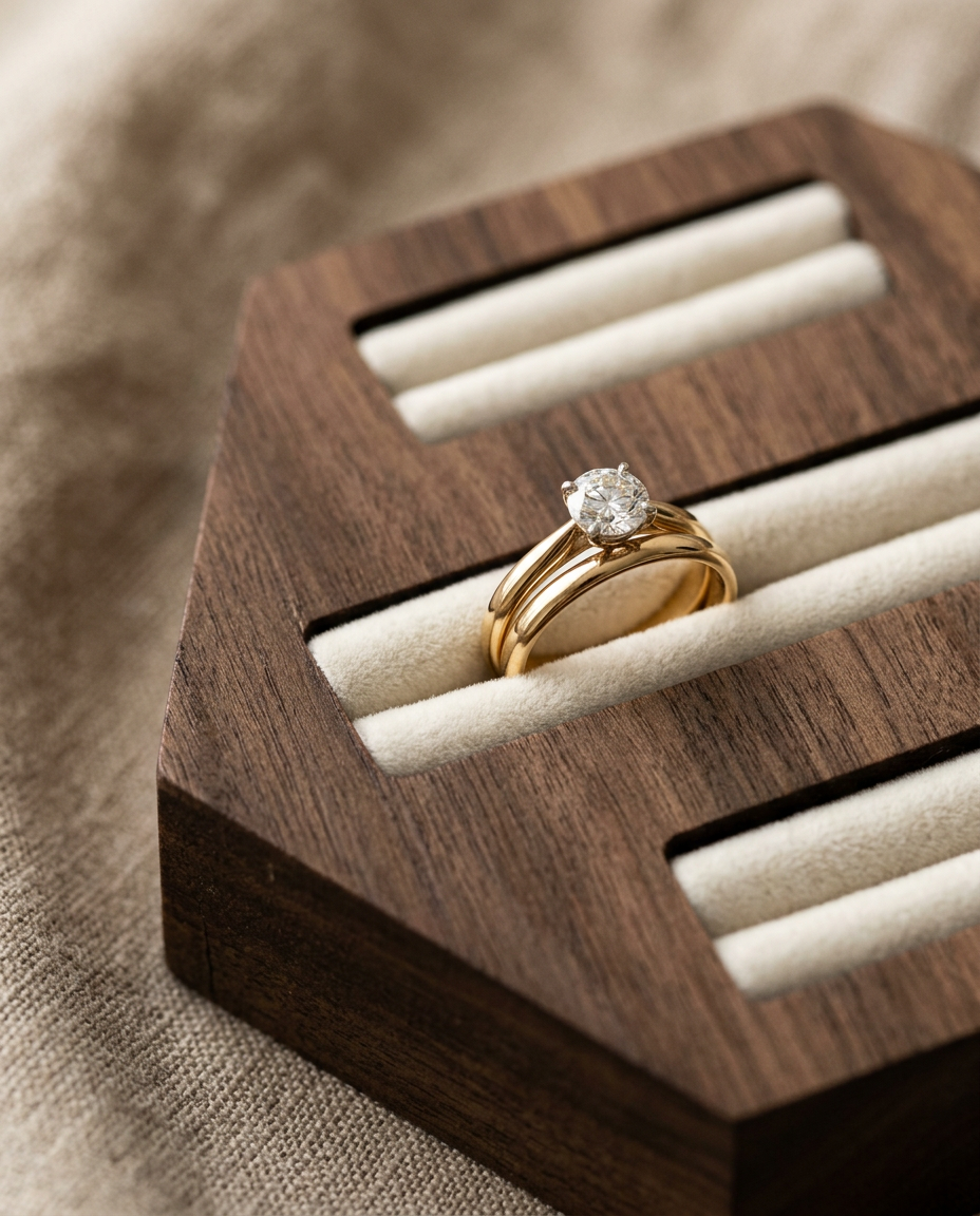 Walnut hexagon ring display stand with three cream velvet-lined channels