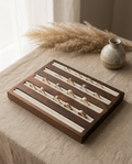 Large walnut ring display tray with six beige velvet channels for organizing rings