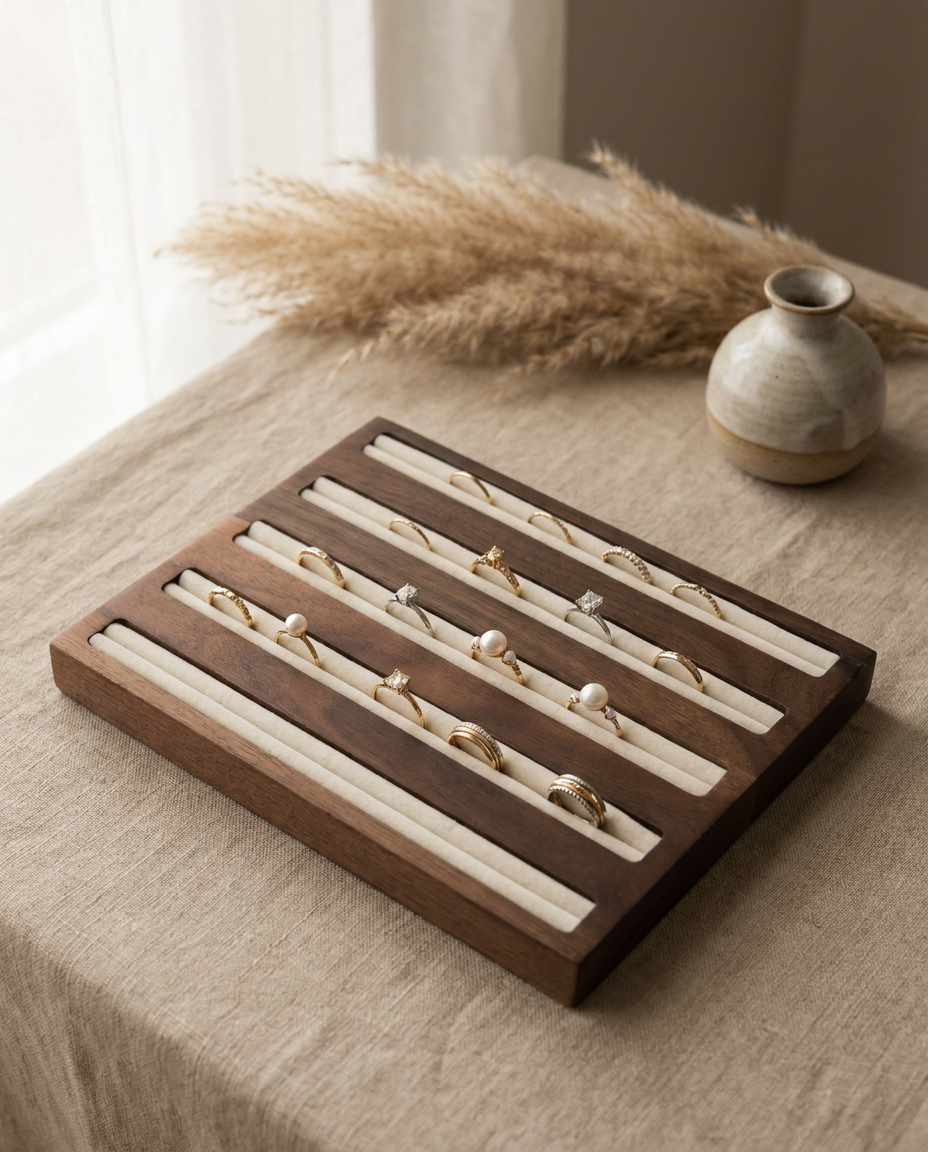Large walnut ring display tray with six beige velvet channels for organizing rings