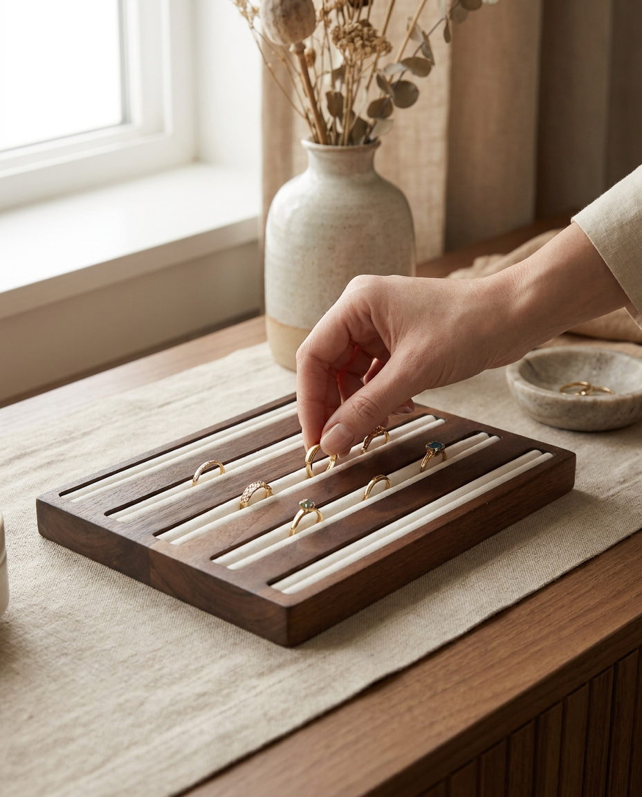 Walnut ring display tray with six velvet channels, hand placing rings on inserts