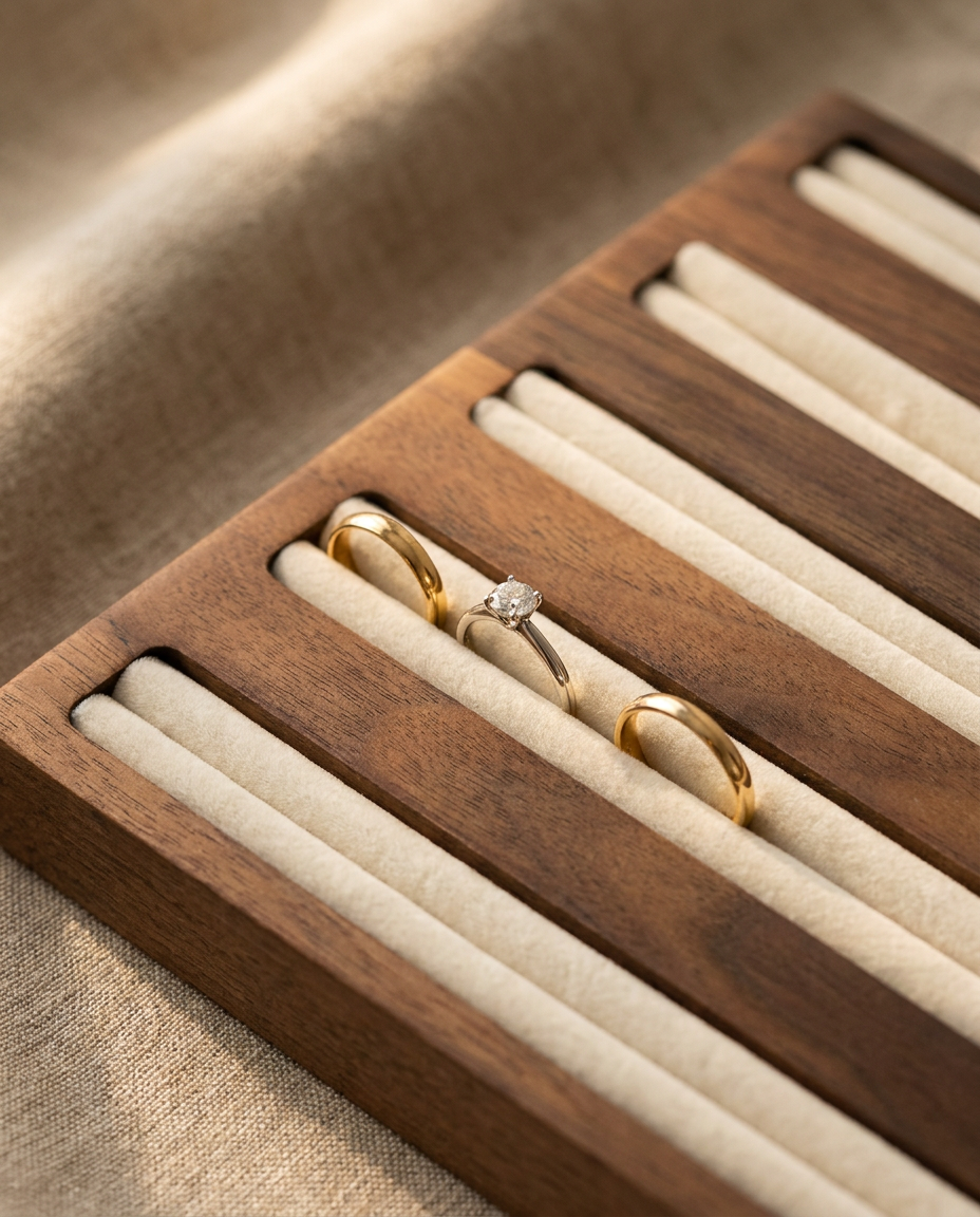Close-up of gold and silver rings in six velvet-lined channels on walnut tray