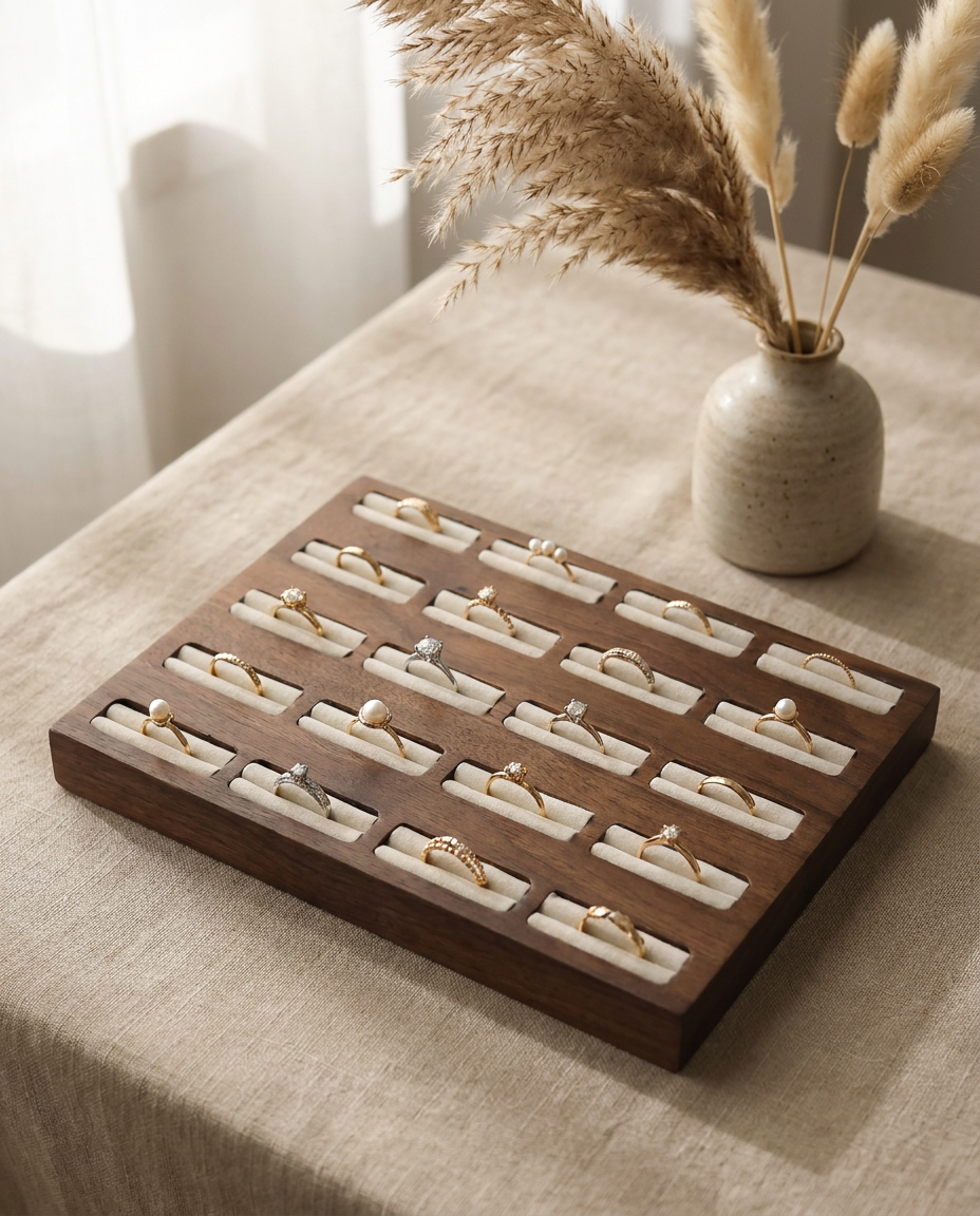 Walnut ring display tray with 20 velvet slots and metal rings on white inserts