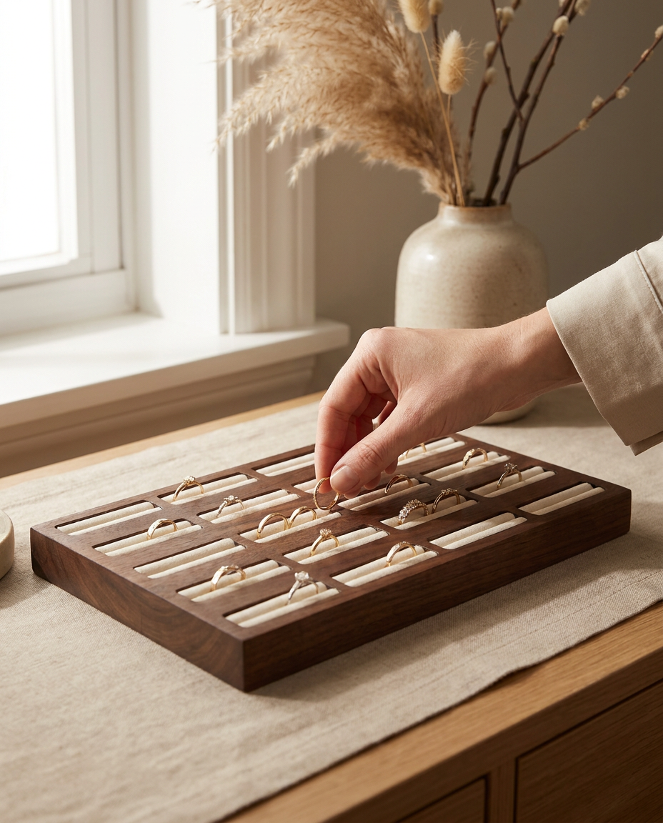 Walnut ring tray with 20 velvet ring slots, hand placing a ring on the insert