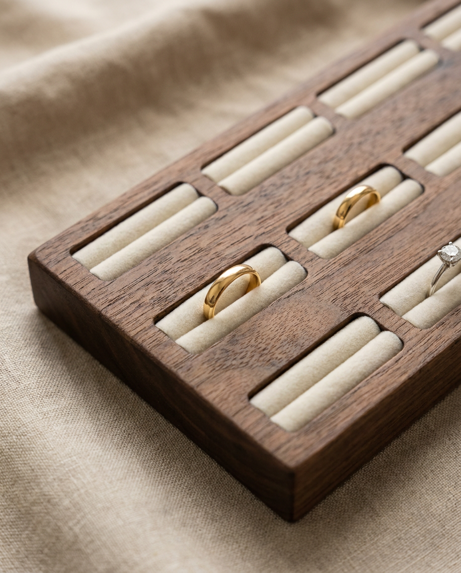 Walnut ring display tray corner view with velvet slots holding gold and silver rings