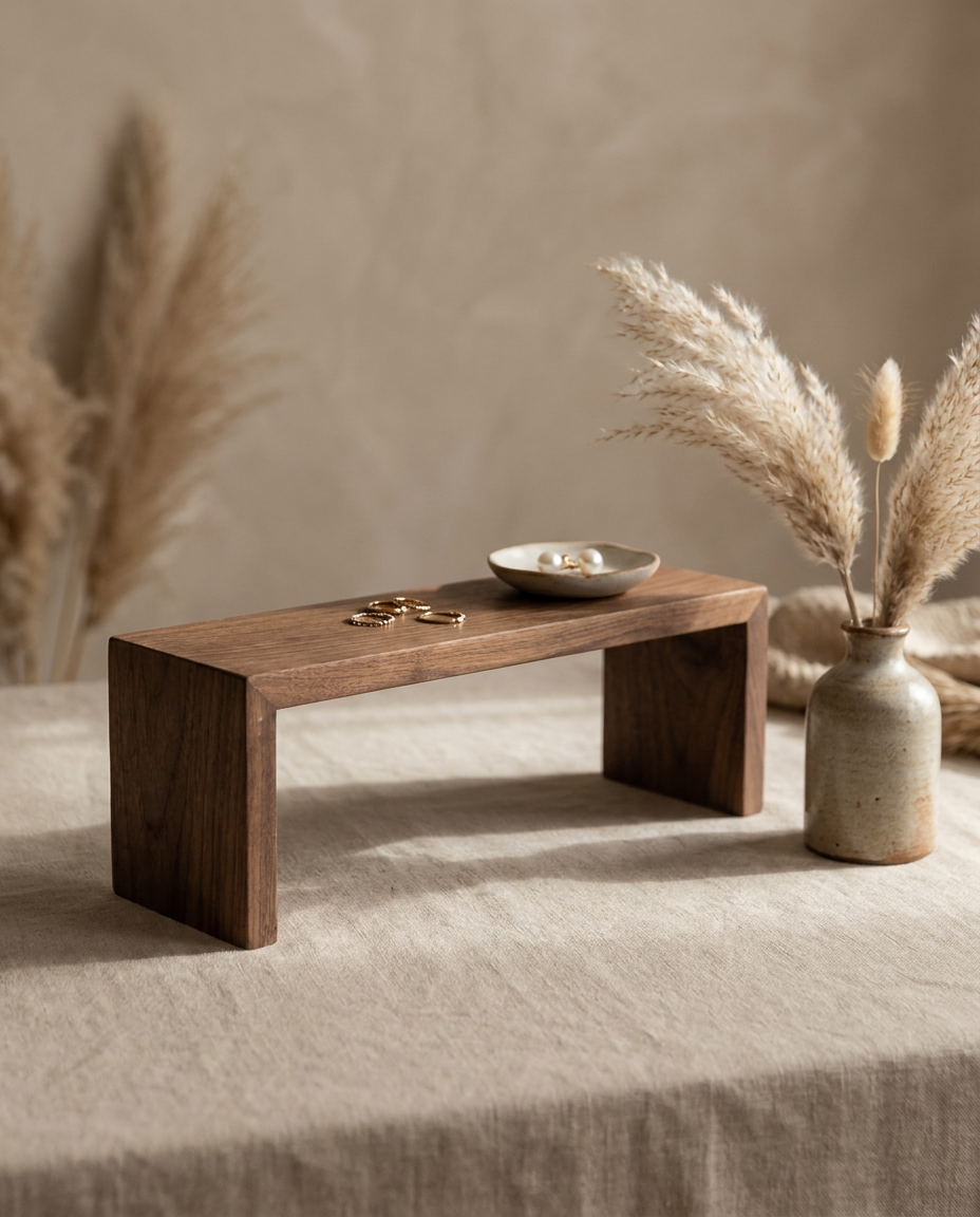 Walnut wood jewelry display riser stand with small dish and rings on top