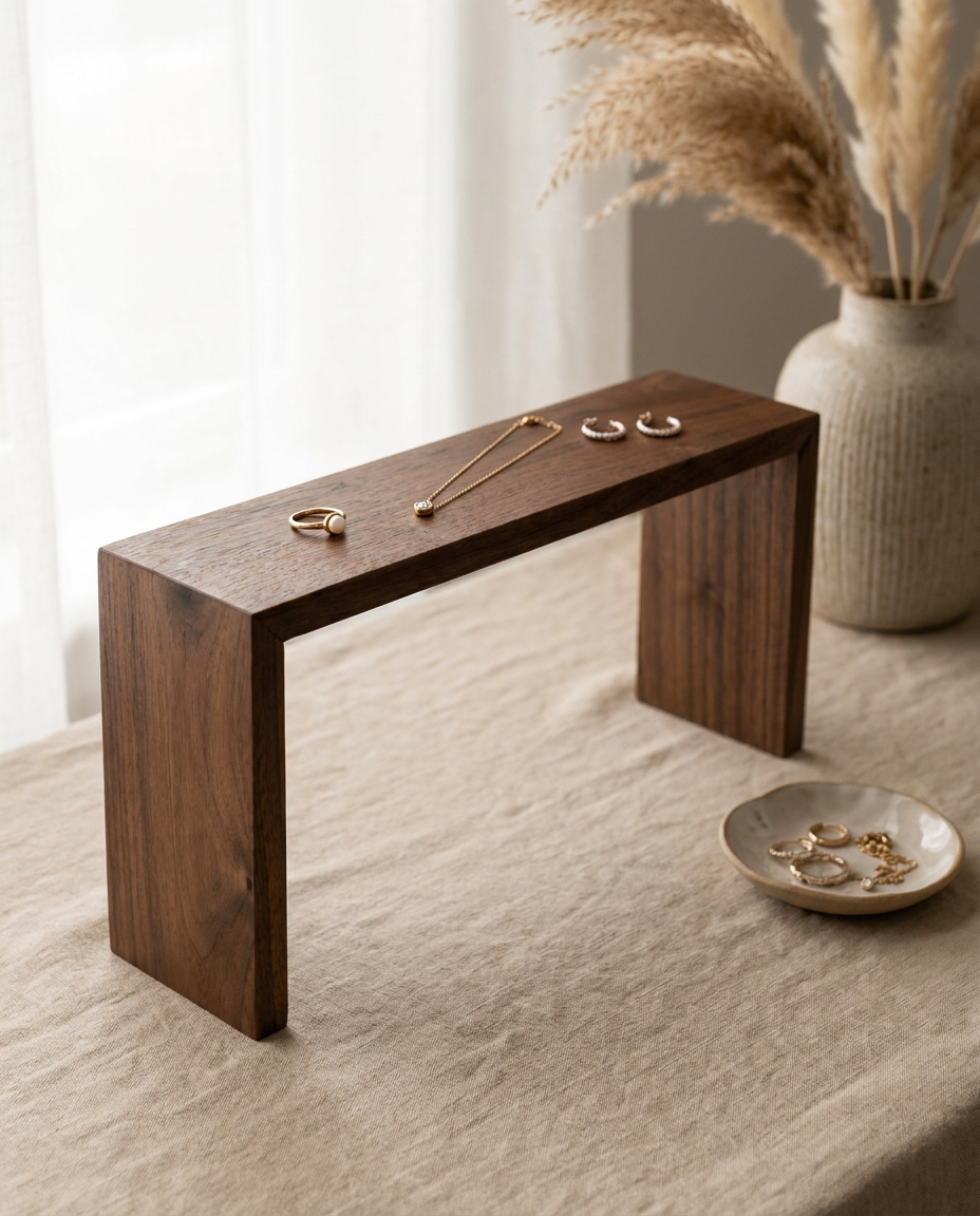 Walnut wood jewelry display riser stand holding bracelets and rings on top