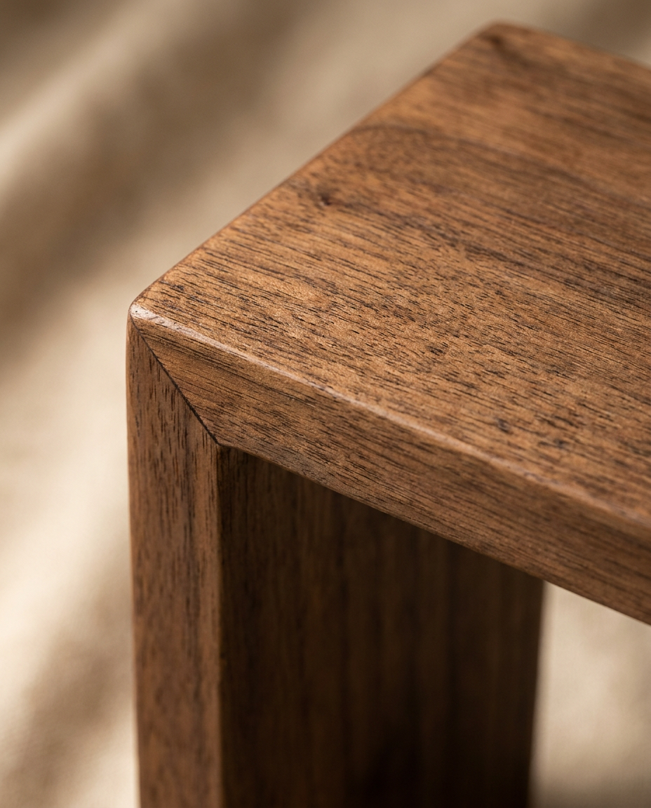 Walnut wood display riser stand close-up of textured grain and beveled edge