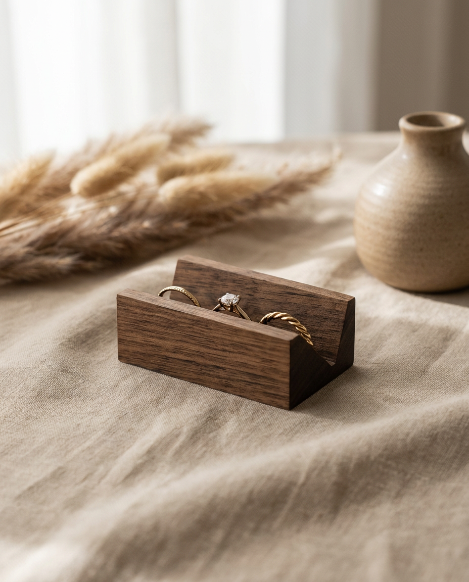 Walnut ring slot wooden holder with small rings arranged in a front slot