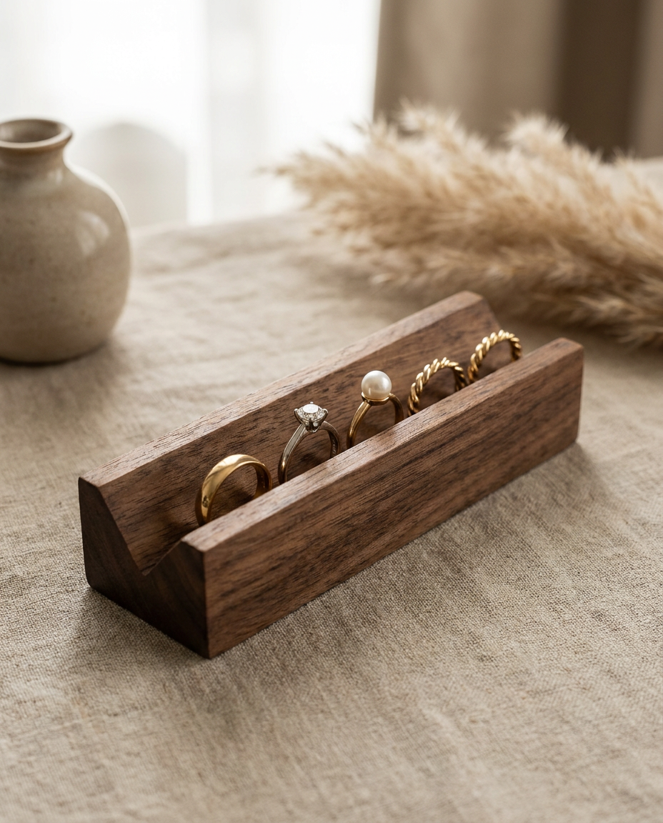 Walnut ring slot wooden display stand with several rings seated in parallel slots