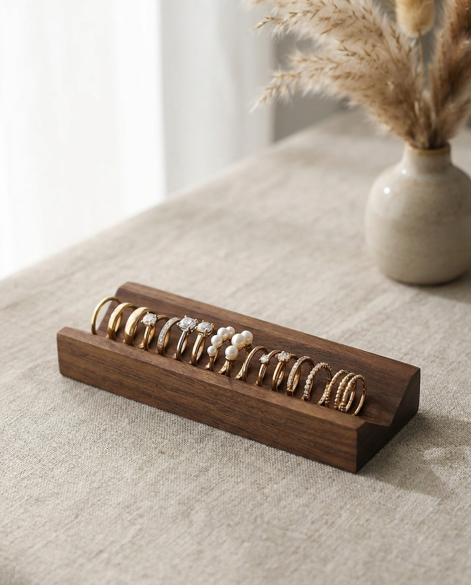 Walnut ring slot wooden holder showing multiple stacked rings in long front channel