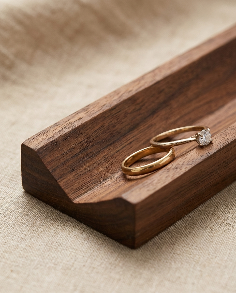 Walnut ring slot holder corner with two gold rings resting in the slot