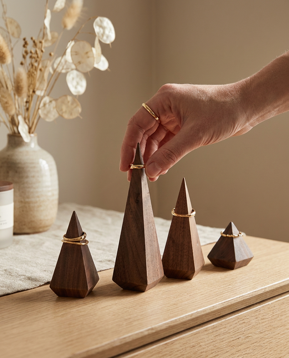 Hand placing ring on tallest walnut cone ring holder in set of 4