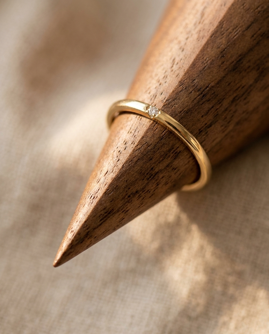 Close-up of a gold ring on a walnut wood cone stand