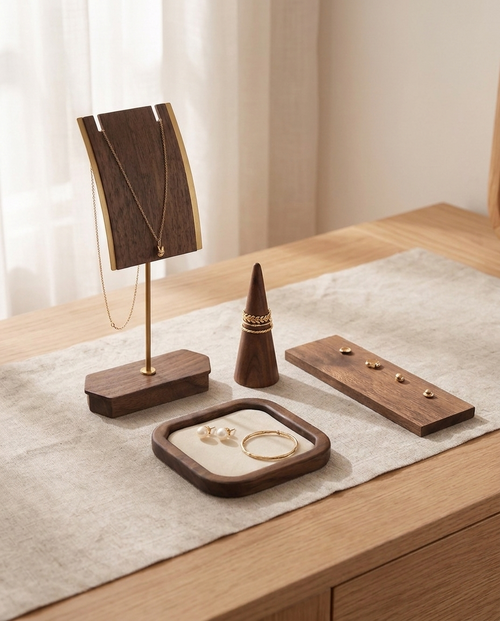 The Essential Set on a dresser: walnut necklace stand with two gold chains, a ring cone with gold rings, a flat four-hole earring board and a square velvet tray