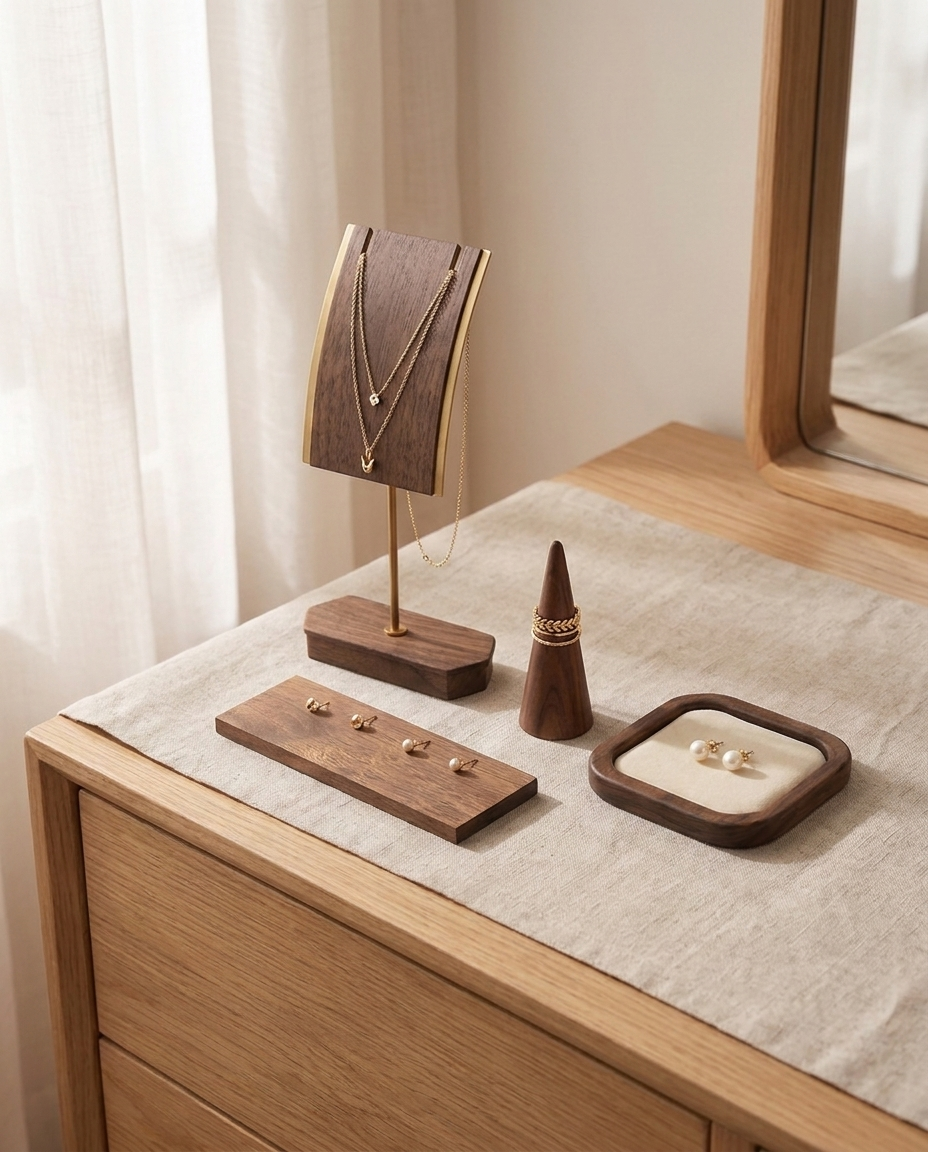 The Essential Set arranged on one half of a bedroom dresser, showing how much surface it takes up