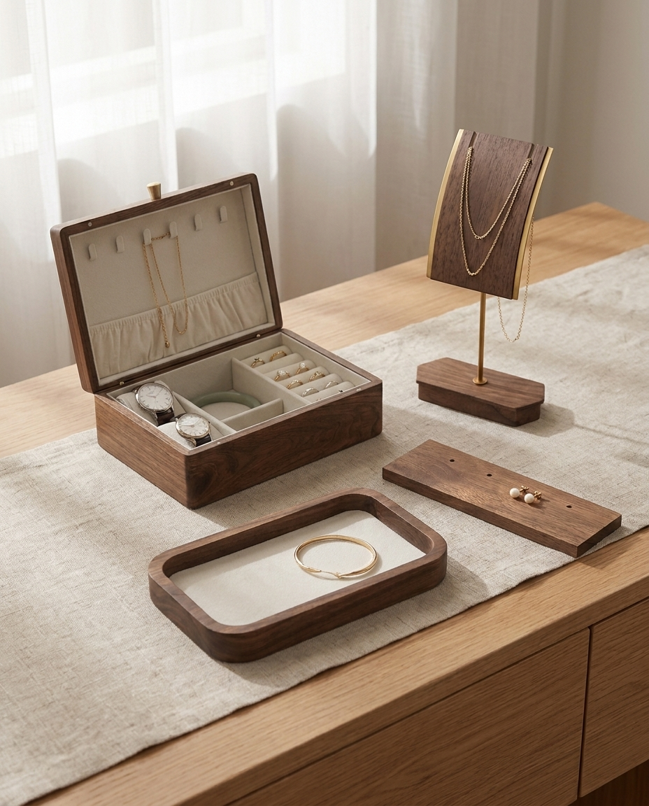 The Everything Set on a dresser: walnut jewelry box open with necklace hooks in the lid, necklace stand with gold chains, flat four-hole earring board and a large white-velvet tray