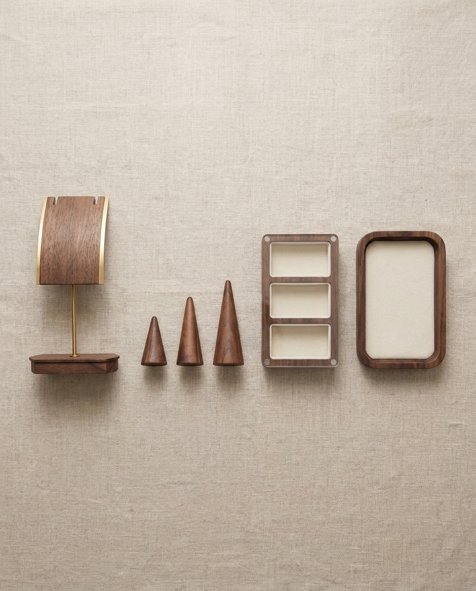 All pieces of The Everyday Set laid out on linen: walnut necklace stand, three graduated ring cones, a stud box with a clear acrylic lid and a large white-velvet tray
