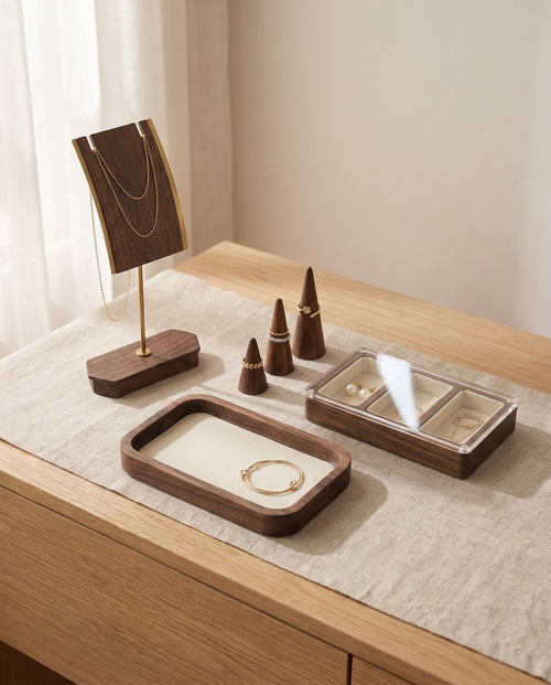 Wooden jewelry organizer set with necklace stand, ring cones, tray, and stud box