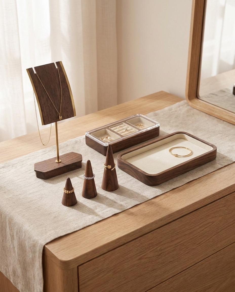 Wooden jewelry organizer set with ring cones, open stud box, and necklace stand