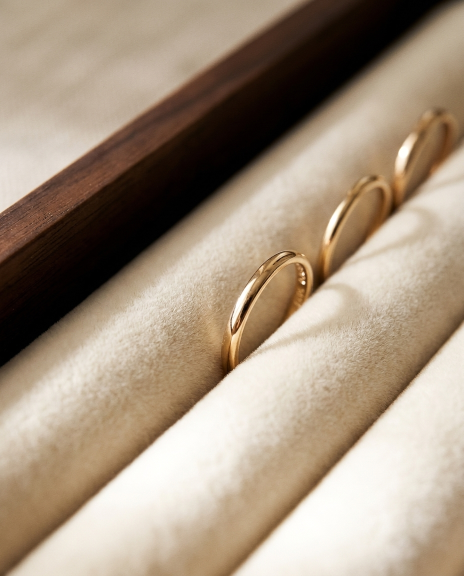 Gold-tone rings resting on beige fabric in a jewelry tray