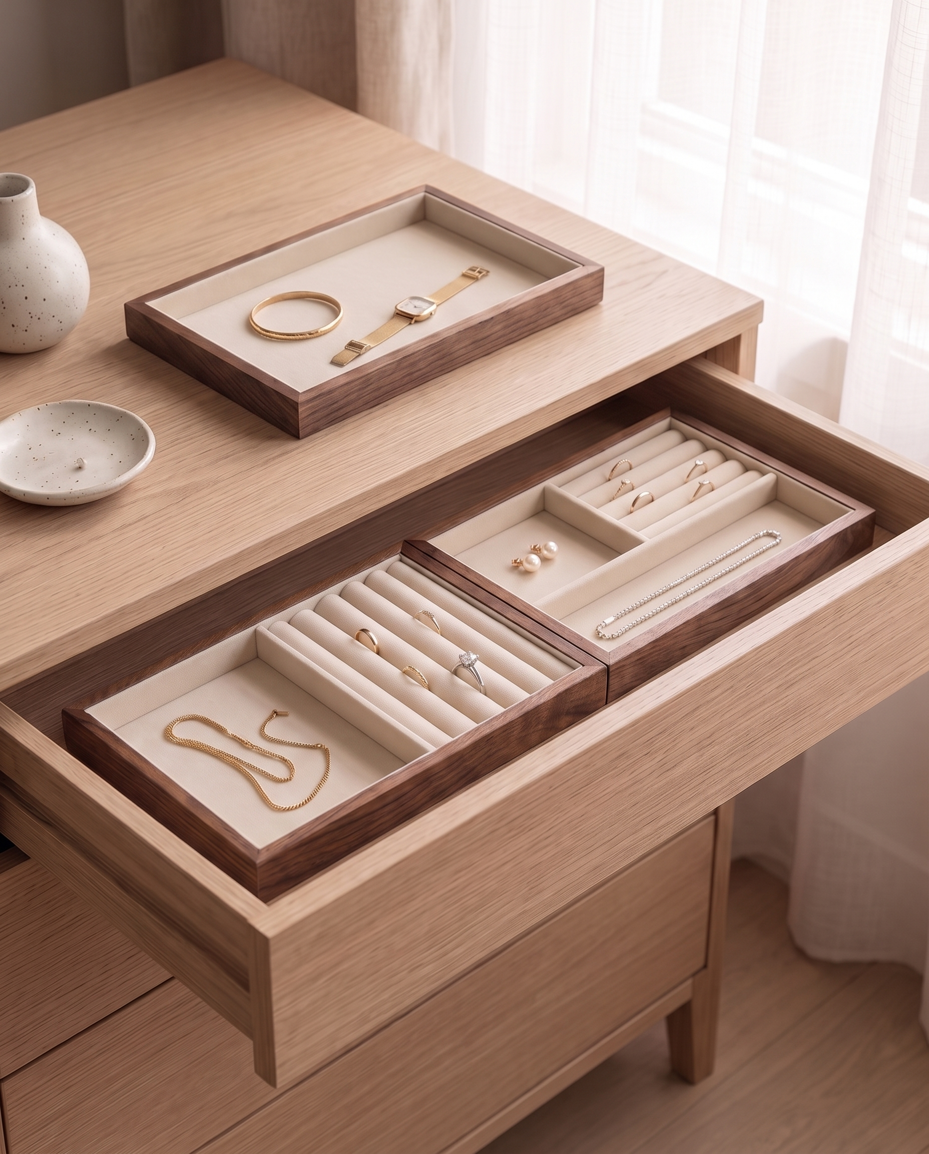 Two walnut jewelry trays side by side in a dresser drawer with a third on the dresser top