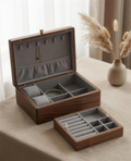Walnut jewelry box with gray velvet insert and removable tray for necklace storage