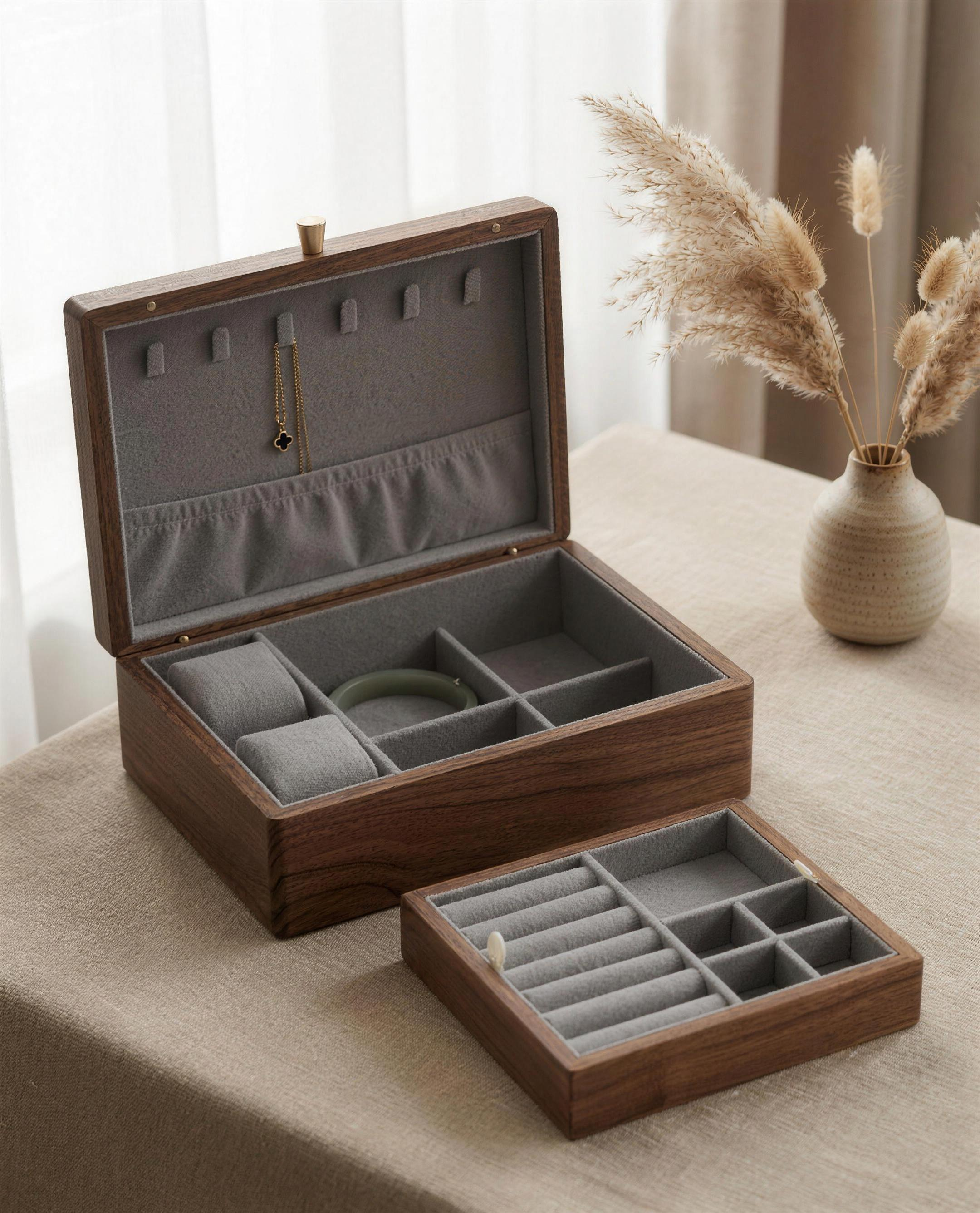 Medium walnut jewelry box, grey velvet lining, removable tray with ring slots and hooks