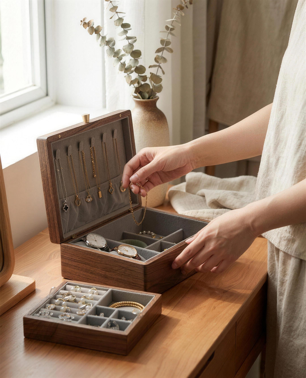 Open walnut jewelry box with gray velvet tray, necklace hooks, and divided compartments