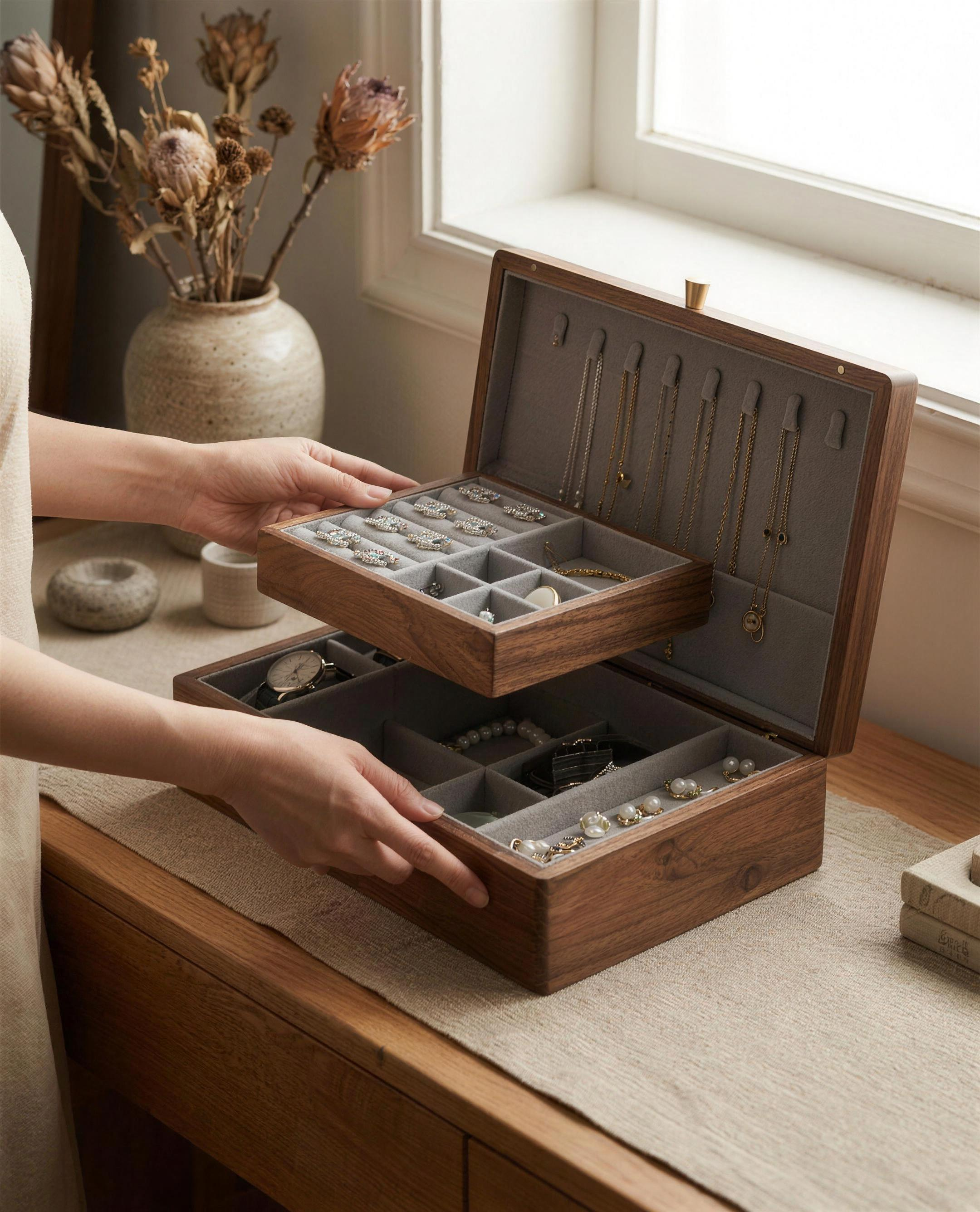 Large walnut jewelry box open with removable trays showing rings, pearls and watches