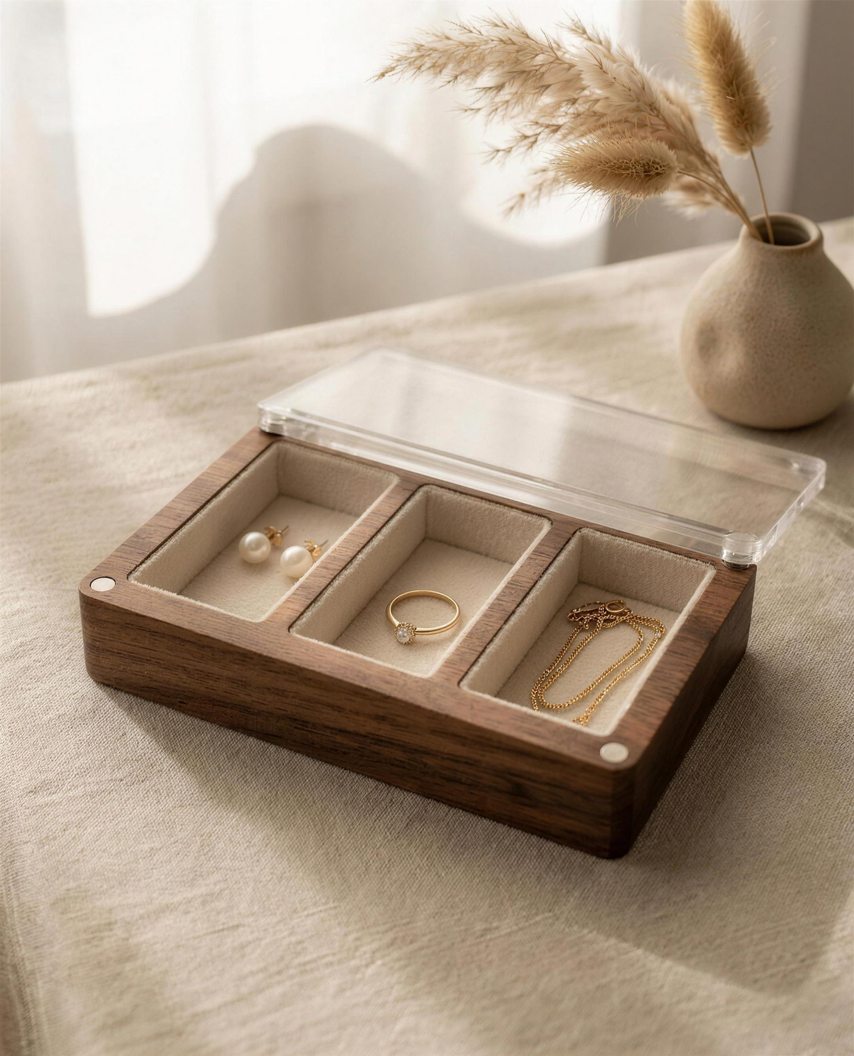 Walnut stud earring box, clear acrylic lid, three beige velvet compartments