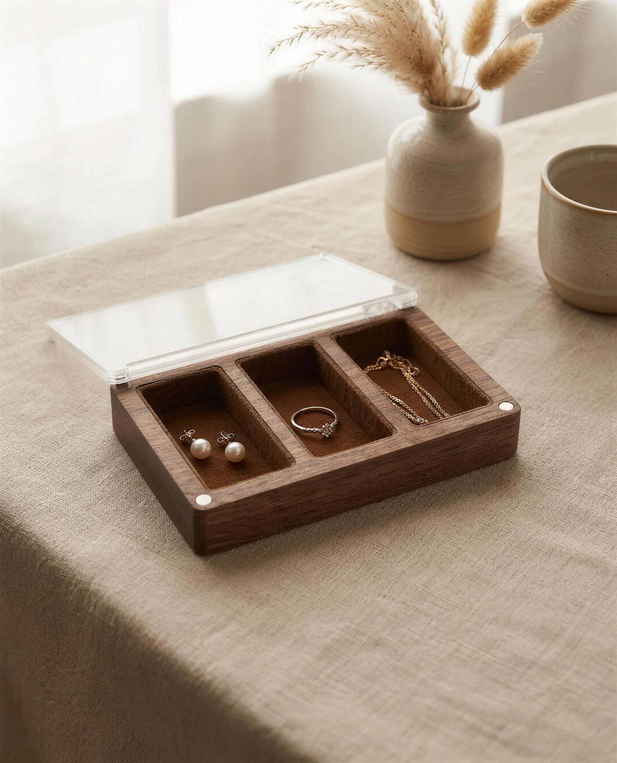 Walnut stud earring box, clear acrylic lid, three brown velvet compartments