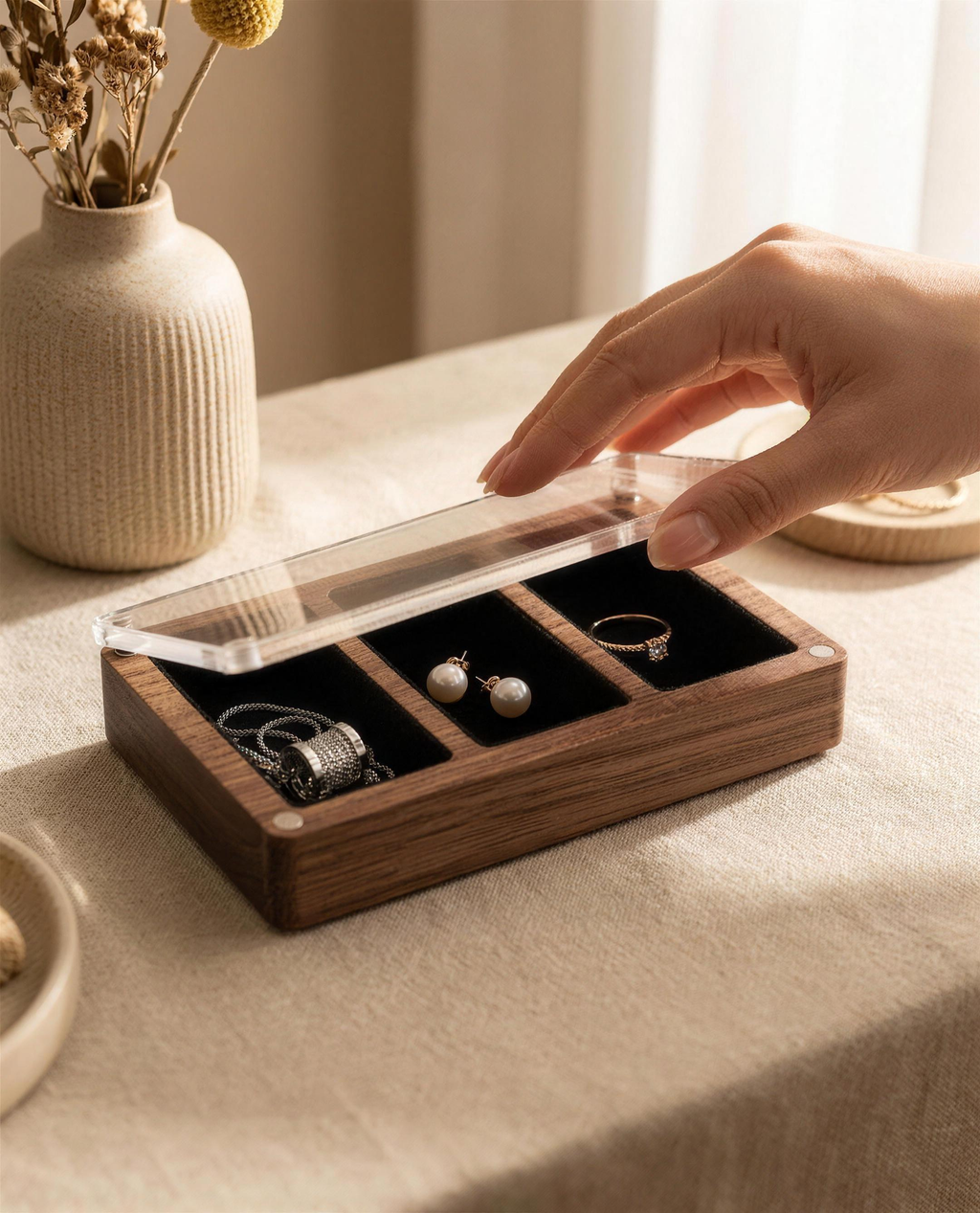 Walnut earring box with 3 compartments, clear acrylic lid, black velvet lining