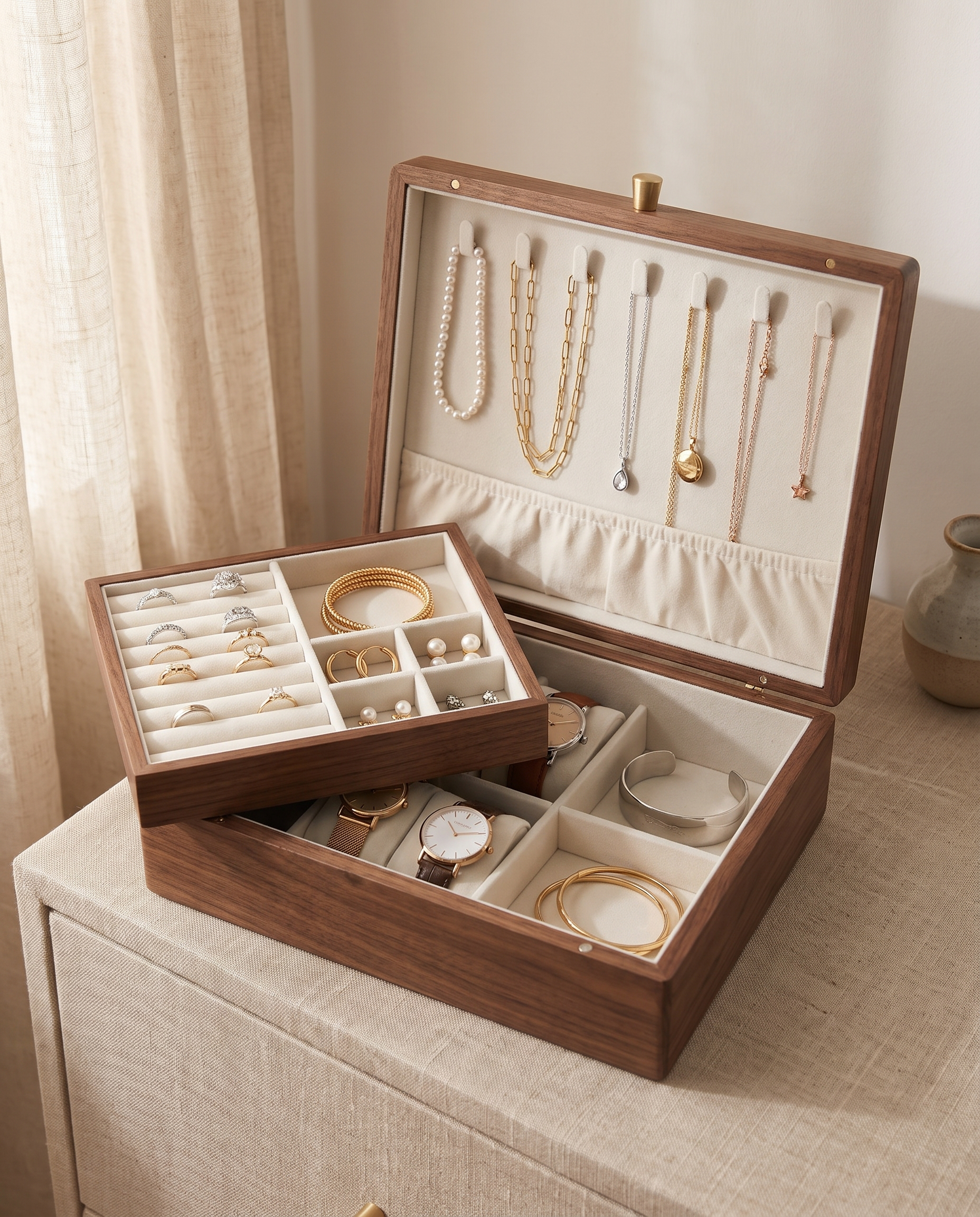 Large walnut jewelry box filled: five necklaces on seven lid hooks, lift-out tray with ten rings and earrings, two watches and bangles in the lower section