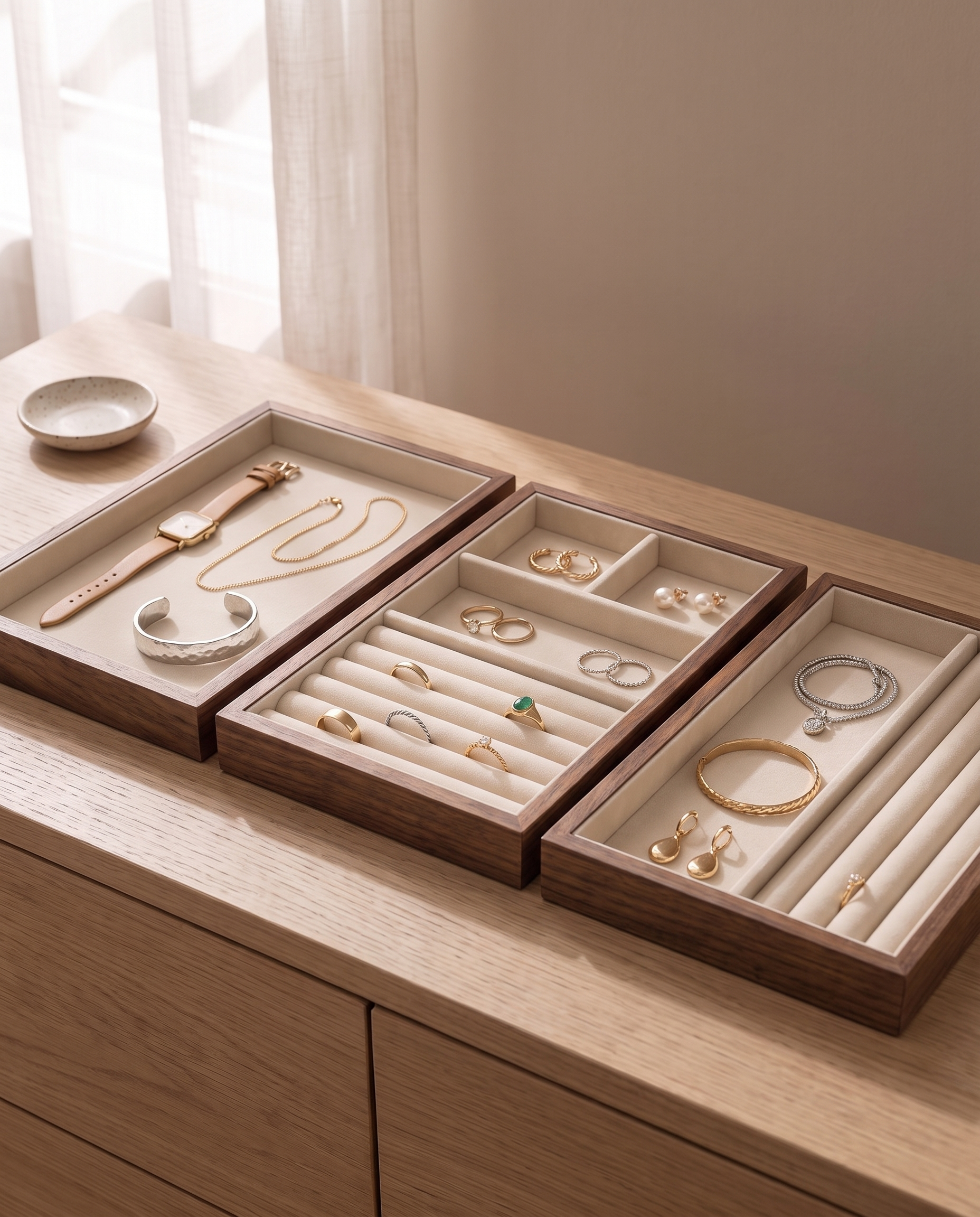 All three walnut stackable jewelry trays side by side: Flat tray with watch and chain, Divided tray with ring slots and compartments, 2 Compartment tray with ring slots along one side