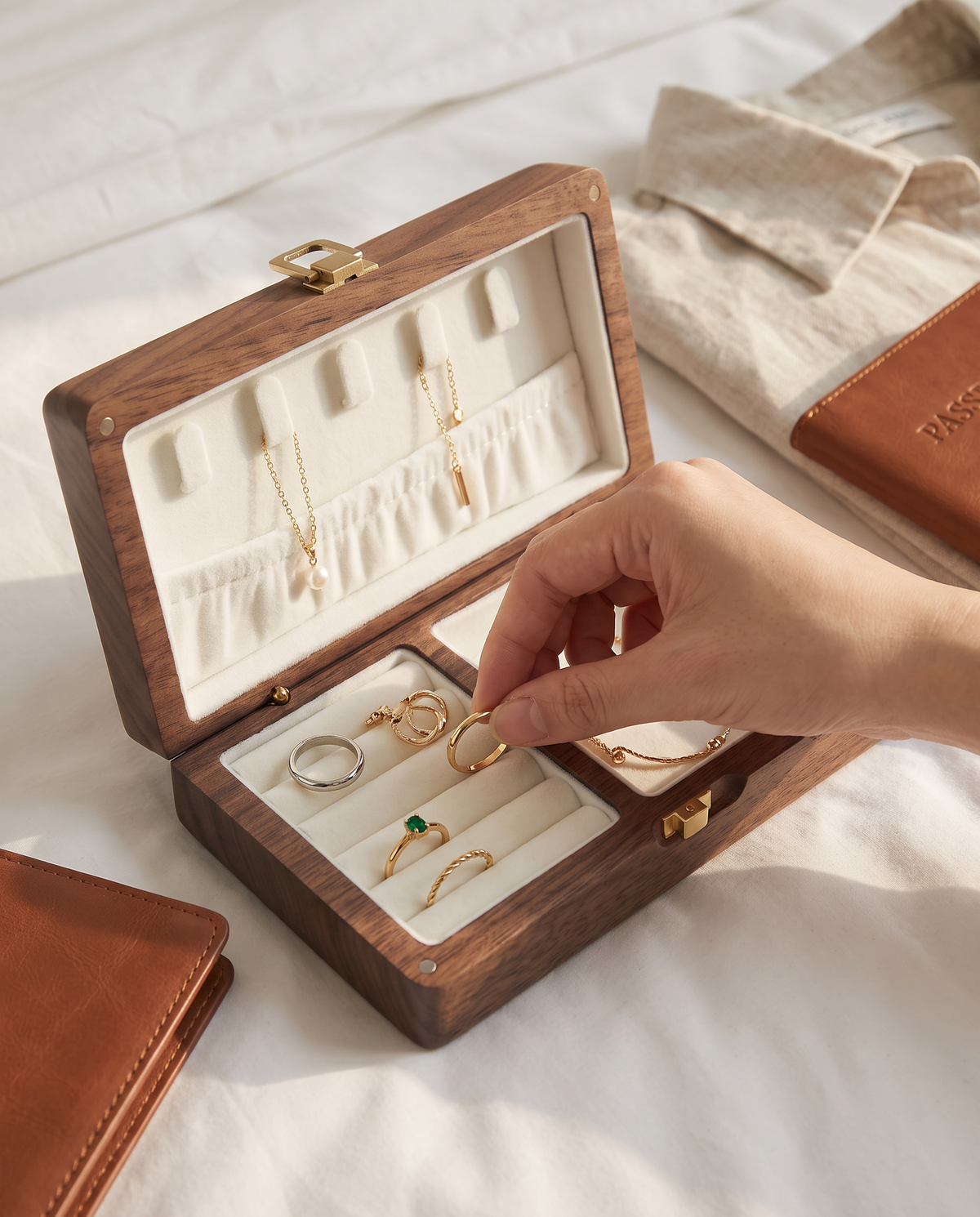 Hand placing a ring into the ring roll of the open walnut travel jewelry case on a hotel bed