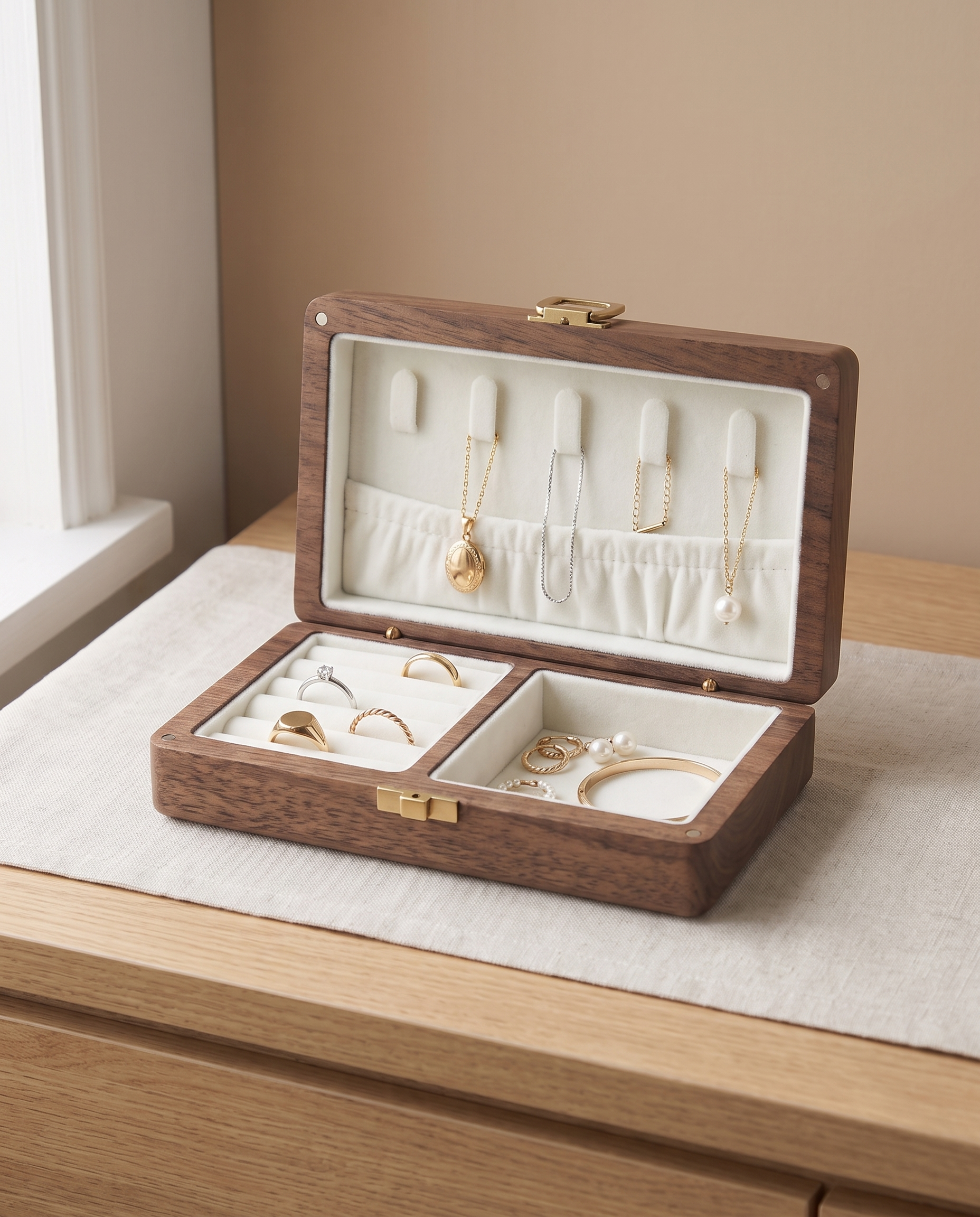 Walnut travel jewelry case open, white velvet: necklace hooks and pocket in the lid, ring roll and open compartment in the base
