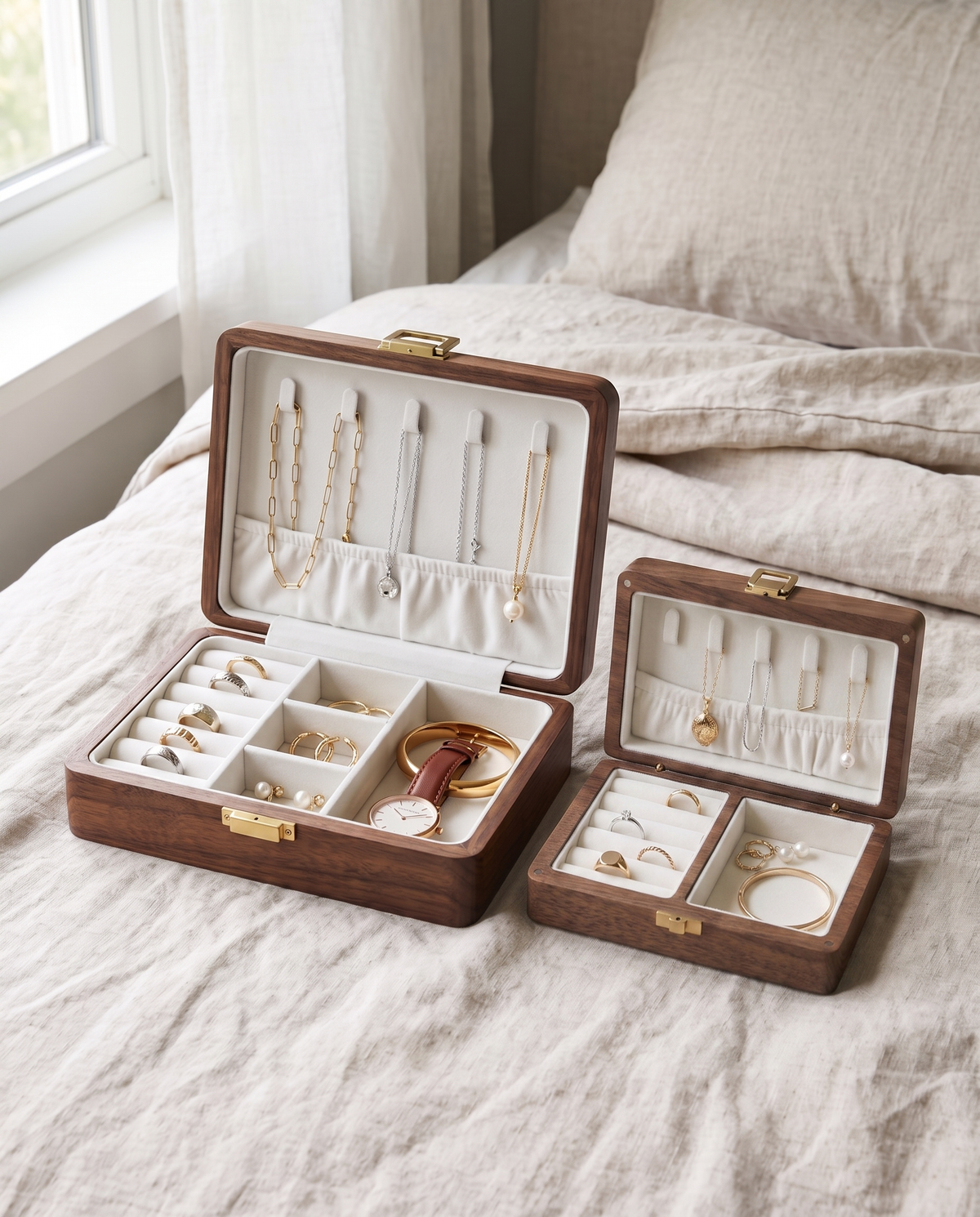 Small and Large walnut travel jewelry cases side by side, both open, white velvet: Small with ring roll and one compartment, Large with ring roll, compartments and watch well