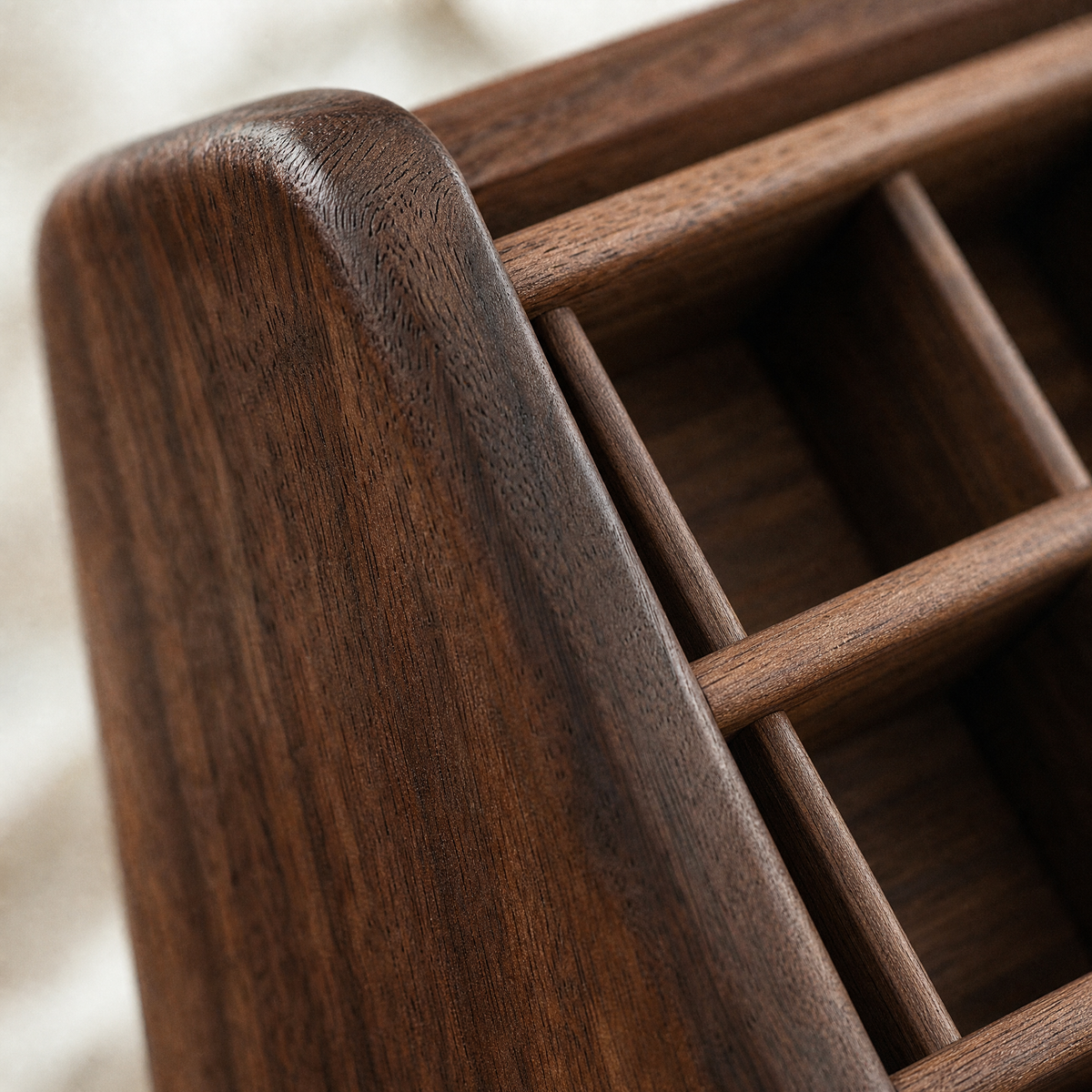 Walnut wood lipstick organizer edge with grid of storage slots