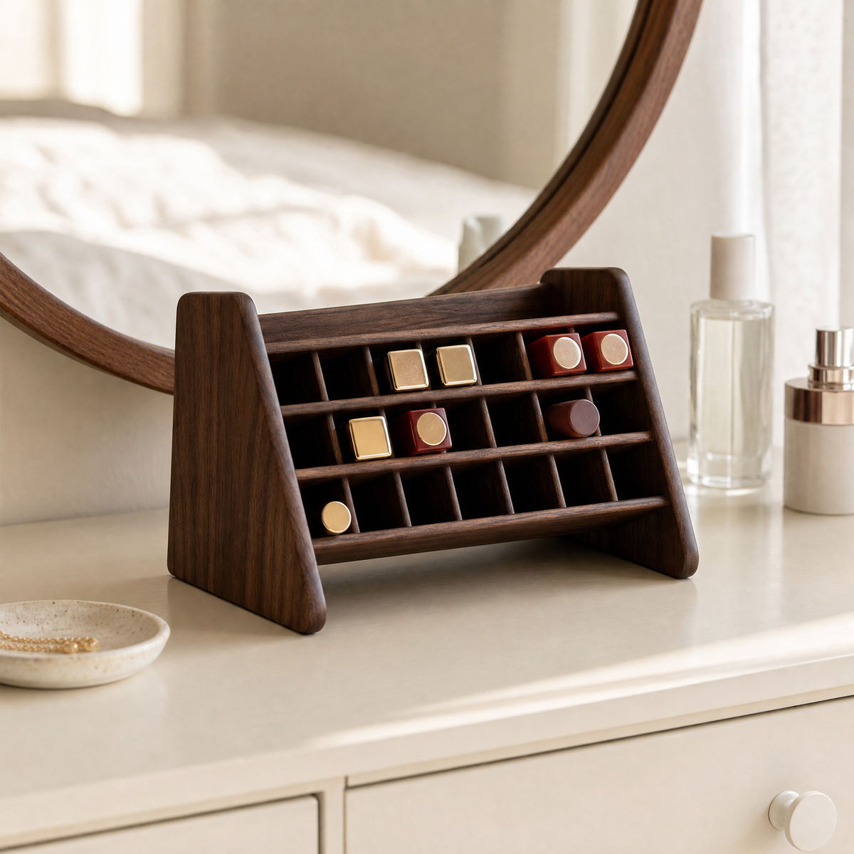 Walnut lipstick organizer stand with lipsticks arranged in three rows
