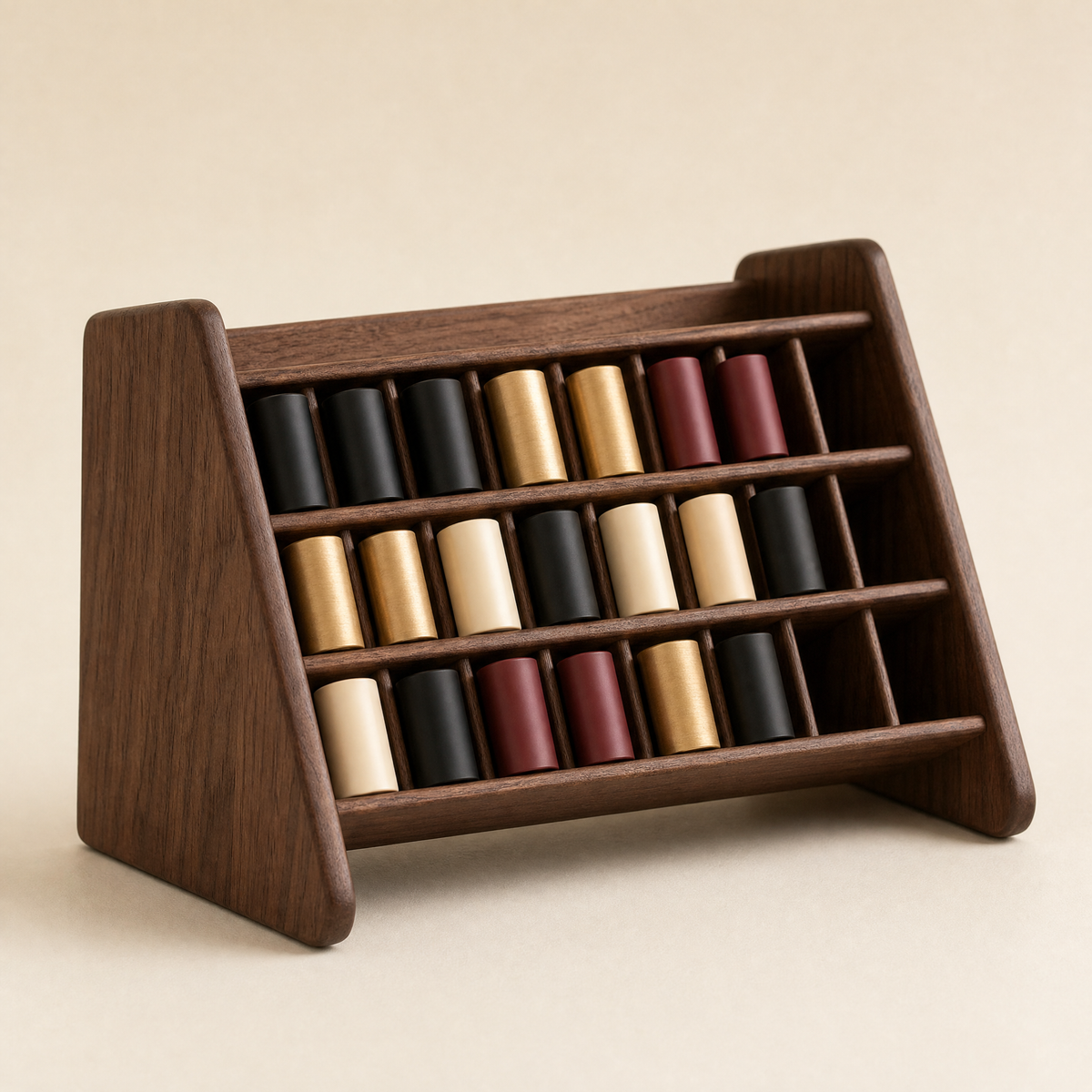 Walnut lipstick organizer with 3-tier slots holding assorted lipsticks