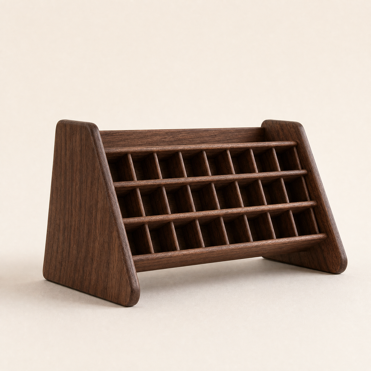 Walnut tiered lipstick organizer stand with horizontal rows of storage slots