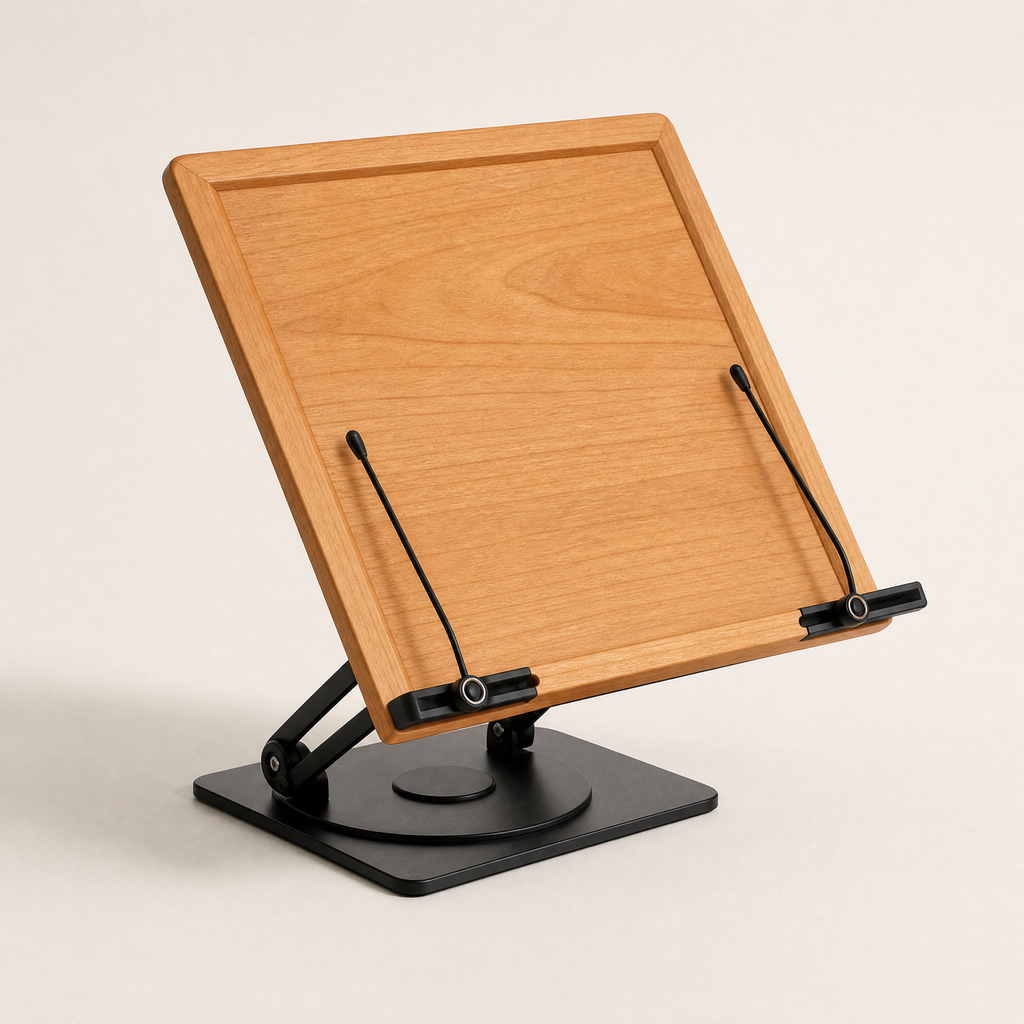 Cherry wooden adjustable book stand with 360° rotating base and black side clamps.