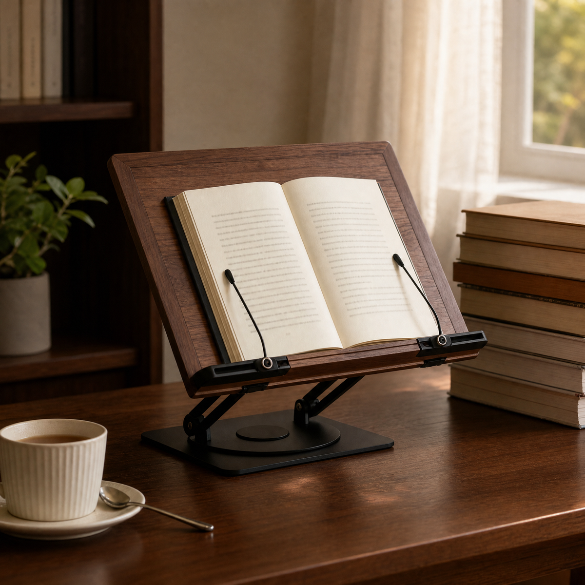 Walnut book stand displaying an open book with black clamps on a rotating base.