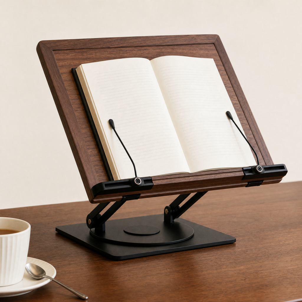 Walnut book stand holding an open book with adjustable side pins on a rotating base.