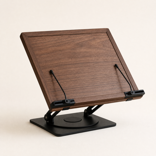 Dark walnut wooden book stand with 360° rotating base and adjustable angle clamps.