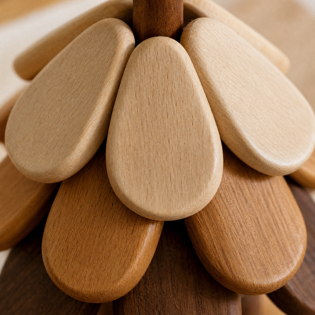 Close-up of layered wooden tree-trivet leaves in natural and dark tones