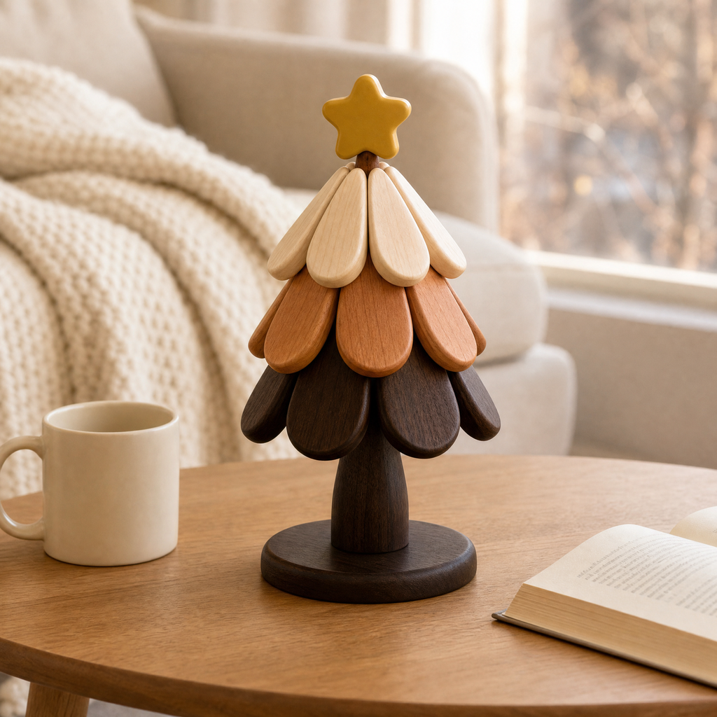 Wooden Christmas tree trivet stand with star topper on table next to mug