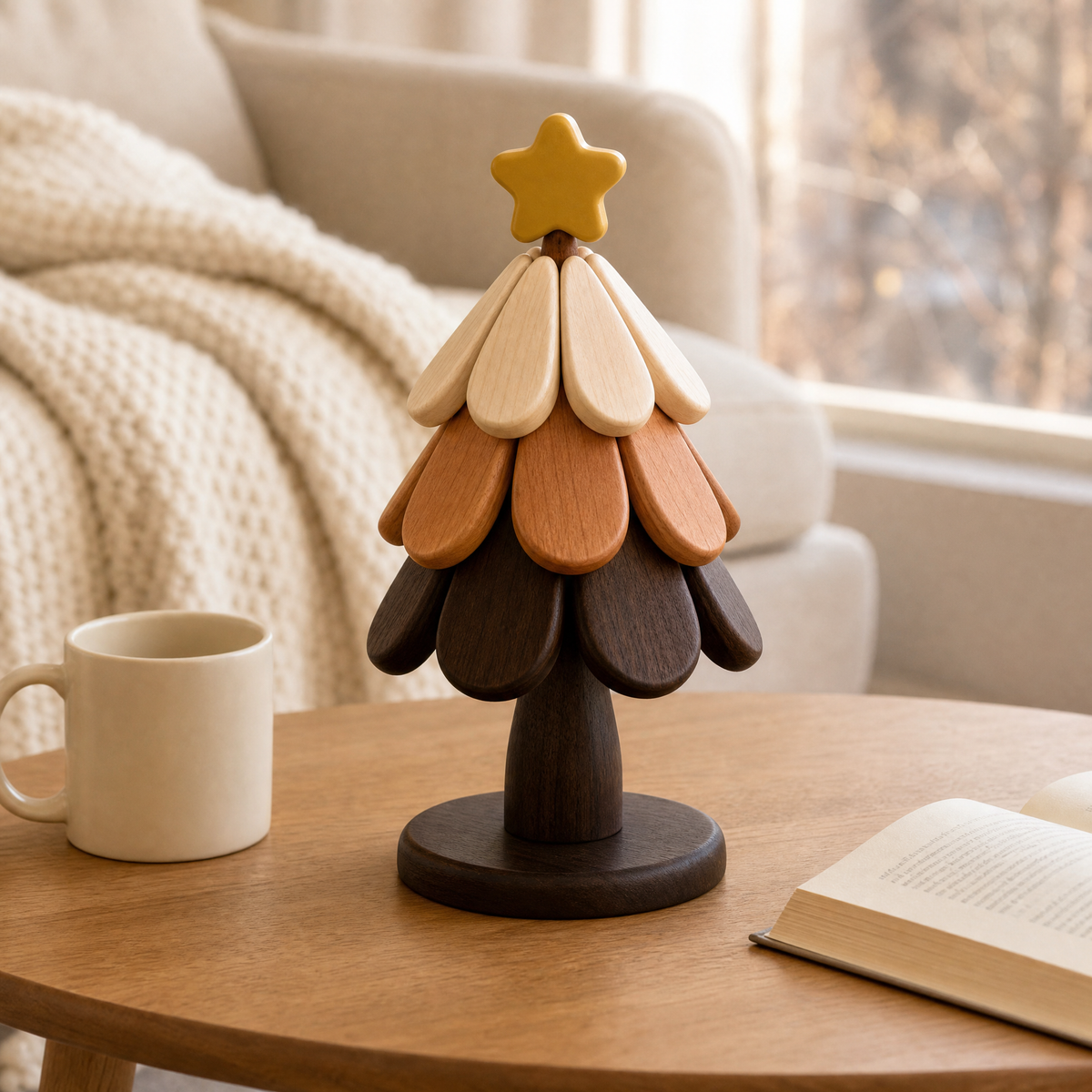 Wooden Christmas tree trivet stand with star topper on table next to mug