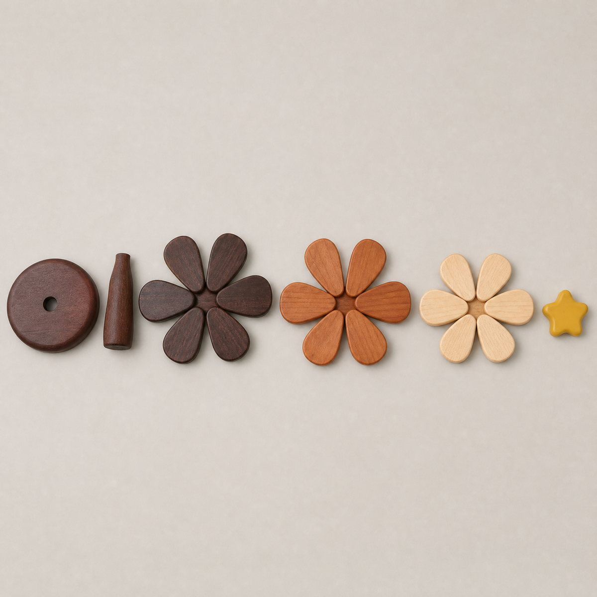 Wooden trivet set pieces: coaster circles, flower shapes, and star topper